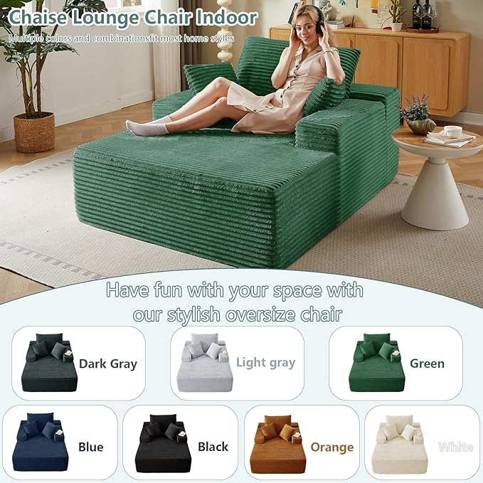 50 Oversized Chaise Lounge Chair IndoorCorduroy Boneless Reading Chair with 3 PillowsDeep Seat Cloud Sofa BedComfy Modern Sleeper Chairs in Box for Living Room BedroomNo Assembly(Green)
