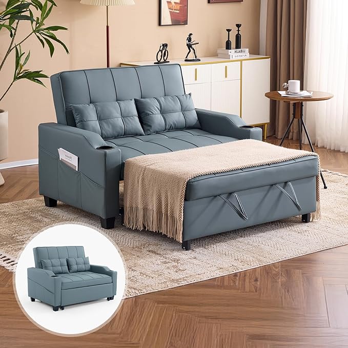 VINGLI Blue Grey Futon Sofa Bed Convertible Loveseat Sleeper Couch Faux Leather Pullout Sofa Fold Out Couch Bed with USB Ports Cup Holders Armrest for Living Room Bedroom Apartment Room