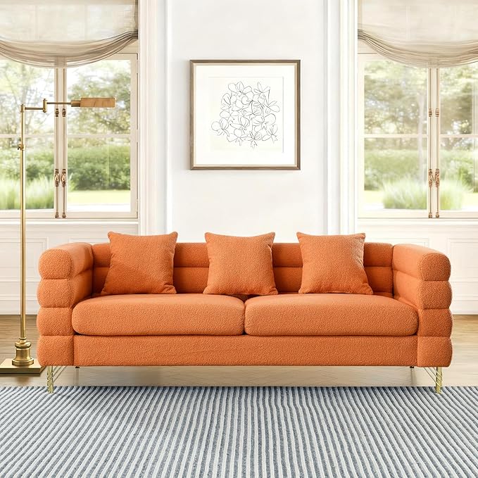 Loveseat Modern Sofa 81+60 Teddy Boucle Comfy Cloud Couch Upholstered Deep 5 Seater Sherpa Couch Set with Stylish Metal Legs for Living Room Home Office Bedroom Apartment Orange