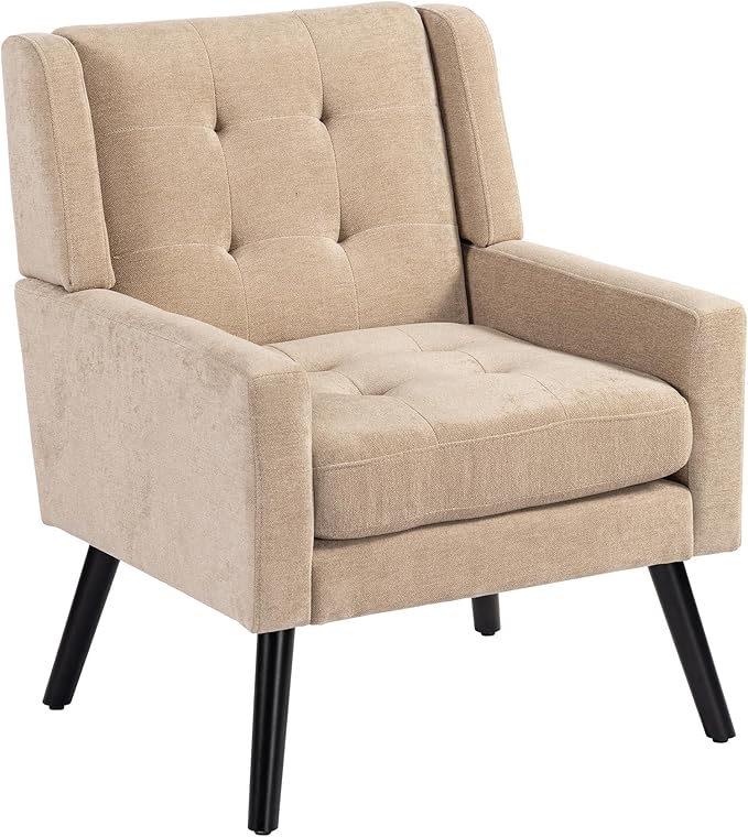 Mid-Century Modern Accent Chair Plush Linen Fabric with Button Tufted High Back &amp 5 Thick Cushion High Comfort Reading Chair for Living Room Bedroom Office (Beige)