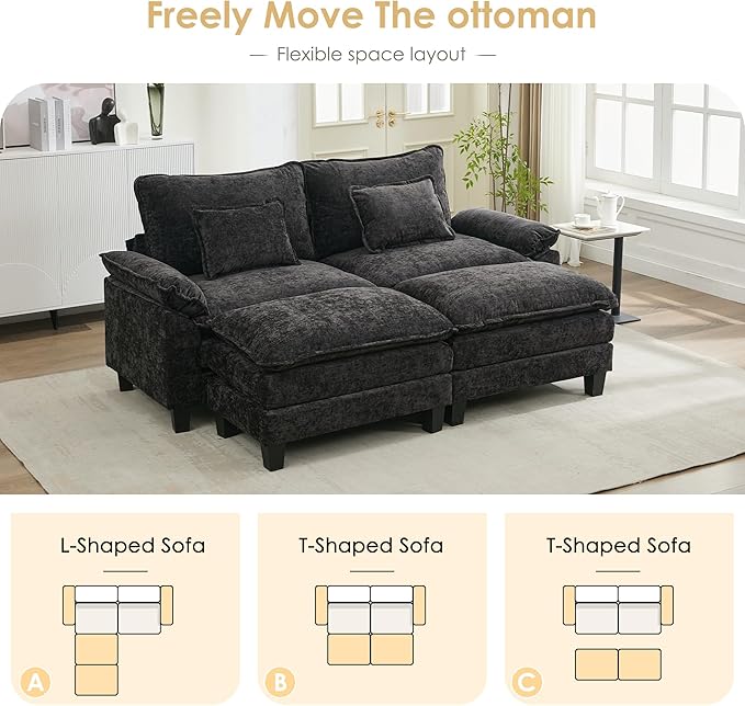 URRED Cloud Couch Modular Sectional Sofa 87 Modern Loveseat Sofa with 2 Ottomans &amp Pillows Ultra Comfy Chenille Couches for Living Room Bedroom or Apartment Black