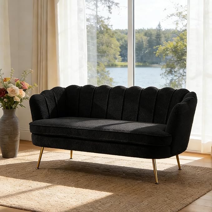 Mlmh &amp Kngwa Sherpa Boucle 2-Seater Sofa 59 Loveset Settee with Gold Metal Legs Comfy Upholstered Floral Mini Couch Sofa for Bedroom Living Room Apartment Black