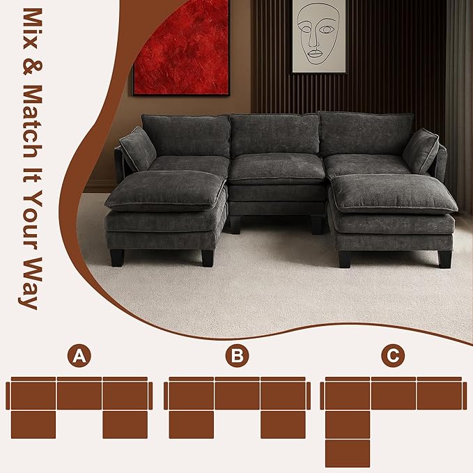 111” Modular Sectional Sofa L Shaped Cloud Couch with Ottoman Chenille Deep Seat Sofa with Pillow for Living Room Bedroom and Apartment5 Seats Grey