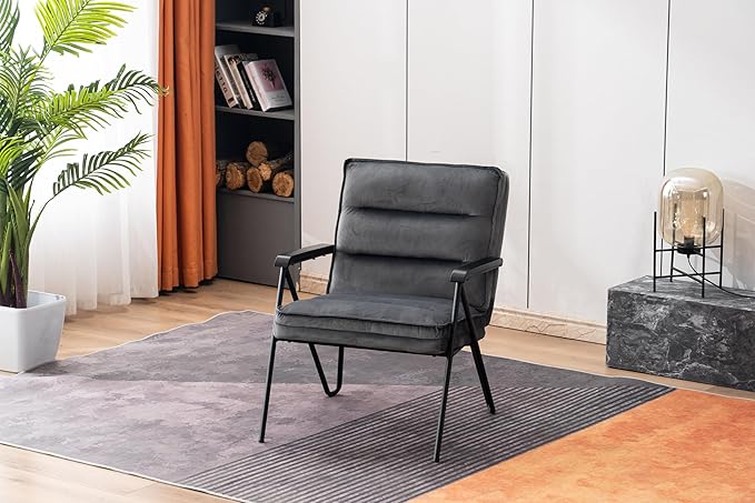 MCombo Modern Accent Chair Velvet Club Chair Upholstered Armchair for Small Space Living Room &amp Office Reception Fabric 4747 4750 (Chair Dark Grey)