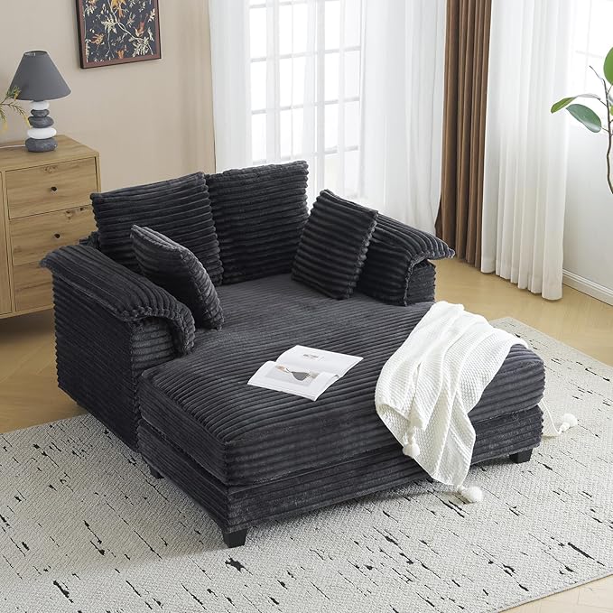 VINGLI 56 Oversized Chaise Lounge Chair Dark Grey Comfy Corduroy Chaise Sofa Recliner Bed Upholstered Sleeper Couch Bed with Throw Pillows and Armrests for Living Room Movie Room Bedroom