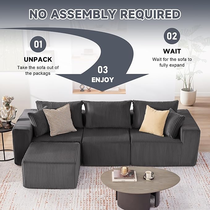 Cloud Couch Sectional Modular Sofa with Deep Seat Plush Corduroy U Shaped Boneless Couch Convertible Sectional Couches for Living Room (Darkgrey 3 Seater &amp 1 Ottoman)