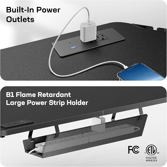 HUANUO 63″ Dual Motor L-Shaped Standing Desk Built-in Power Outlets Electric Height Adjustable Corner Computer Desk Large Power Strip Holder Sit Stand Up Desk with 3 Preset Heights Black