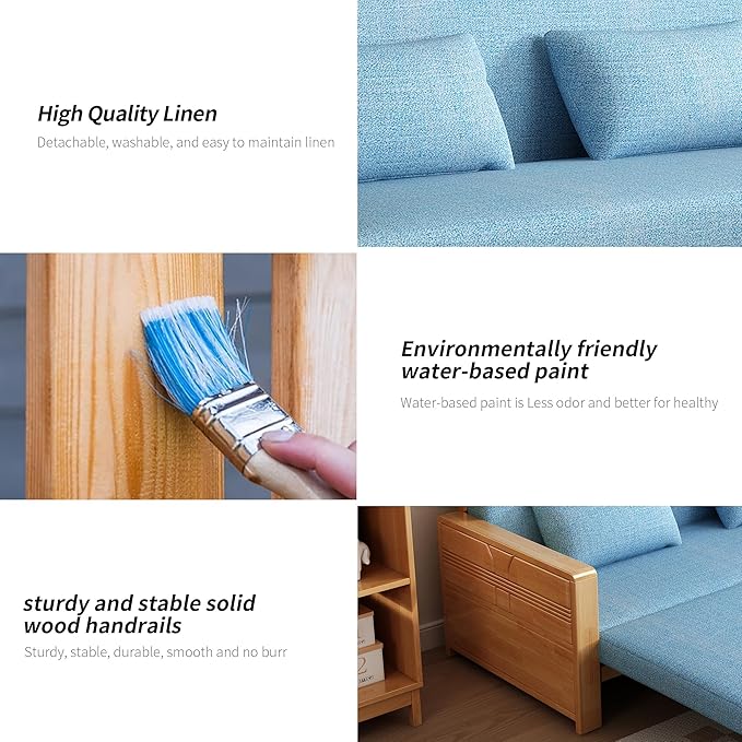 71 Blue Cushion Convertible Sofa Sleepersectional Sleeper Sofa with Reversible ChaiseLog Color Wood Sofa Bed 3 in 1 Pull Out CouchWooden Sofa Bed for livingroomApartmentBedroomOffice
