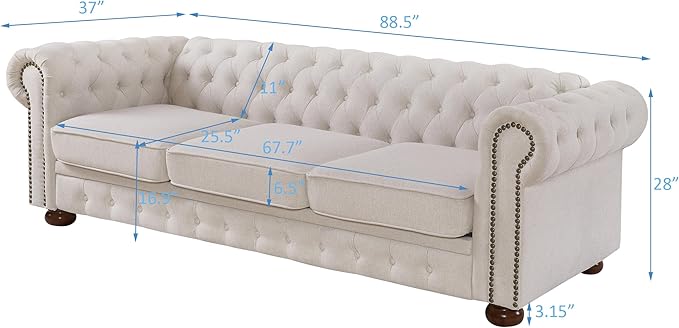 ERYE 88-Inch Classic 3 Seat Chesterfield Sofa Couches for Living Room Bedroom Classic Button Tufted Linen Fabric Upholstered Chesterfield Sofa CouchWood Legs
