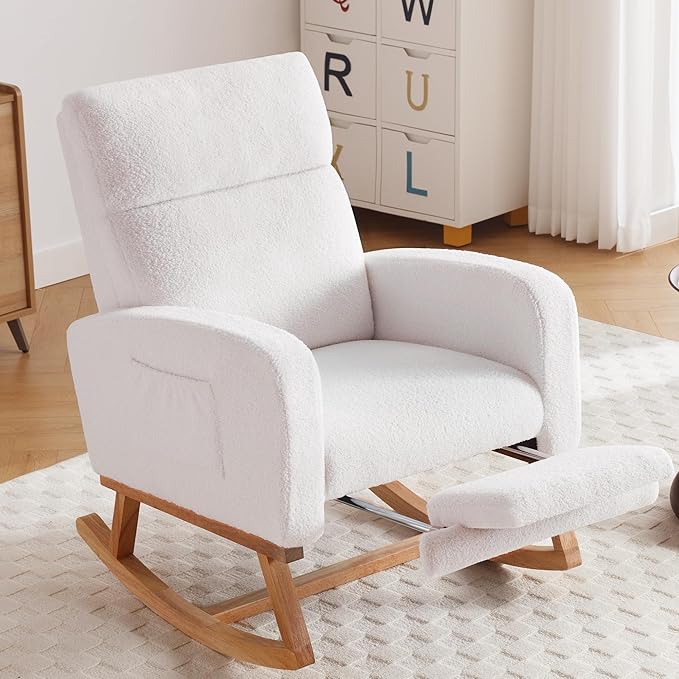 Rocking Chair Nursery with Foot Rest Nursing Rocking Chairs for Mom Nursery Teddy Rocker Glider with High Backrest for Living Room Bedroom White