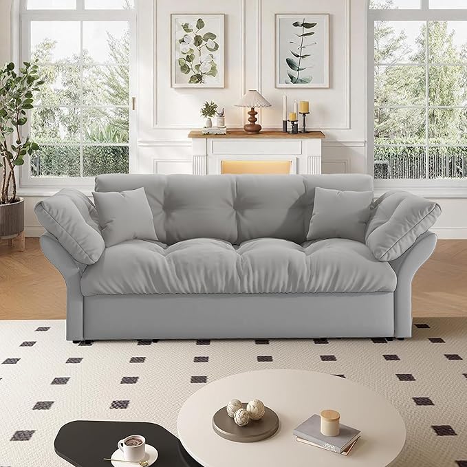 74.8 Queen Size Sleeper Sofa with Pull Out Bed 3-in-1 Convertible Loveseat Sofa with 2 Pillows Portable Pull Out Chaise for Living Room Apartment Small Spaces Grey