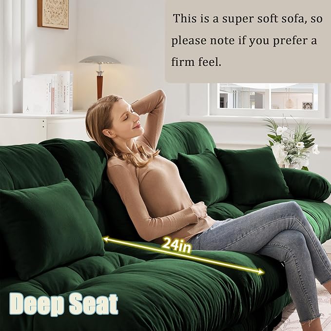 Cloud Sectional Couches for Living Room Modular Sectional Sofa 2 Seater Modern Deep Seat Loveseat Oversized Green Couch with Movable Ottoman Comfy Chenille Loveseat with Pillows