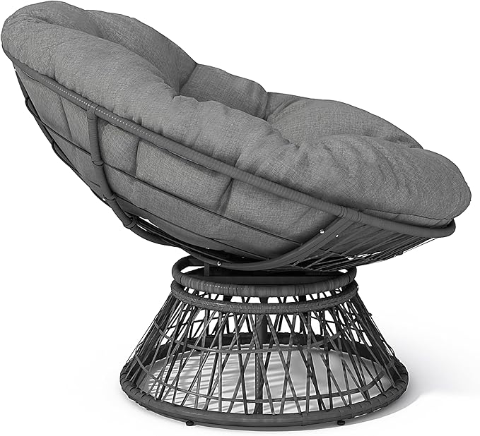 Wicker Papasan Chair with 360-Degree Swivel 41.5 Ergonomic Swivel Chair with Cloud Thick Density Fabric Cushion 3-Proof Cover High Capacity Iron Frame for Reading Living Room (Gray/62)