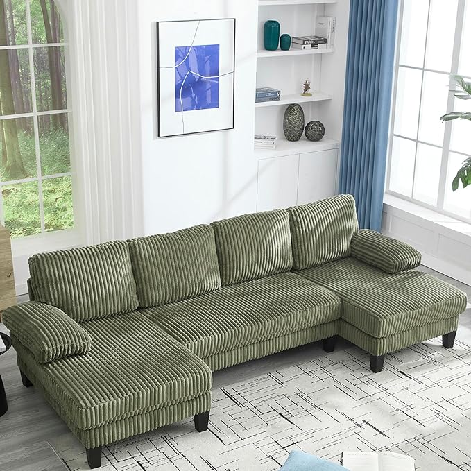 114 Cloud Couch Modular Sectional Sofa Convertible U-Shaped Couch with Double Chaise Lounge Corduroy Upholstery Sofa Double Cushions Deep Seat Sleeper Sofas Couches for Living Room Green
