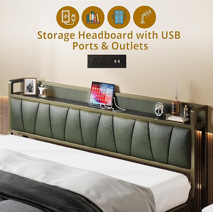LIKIMIO California King Bed Frame Storage Headboard with Charging Station Solid and Stable Noise Free No Box Spring Needed Easy Assembly (Dark Green)