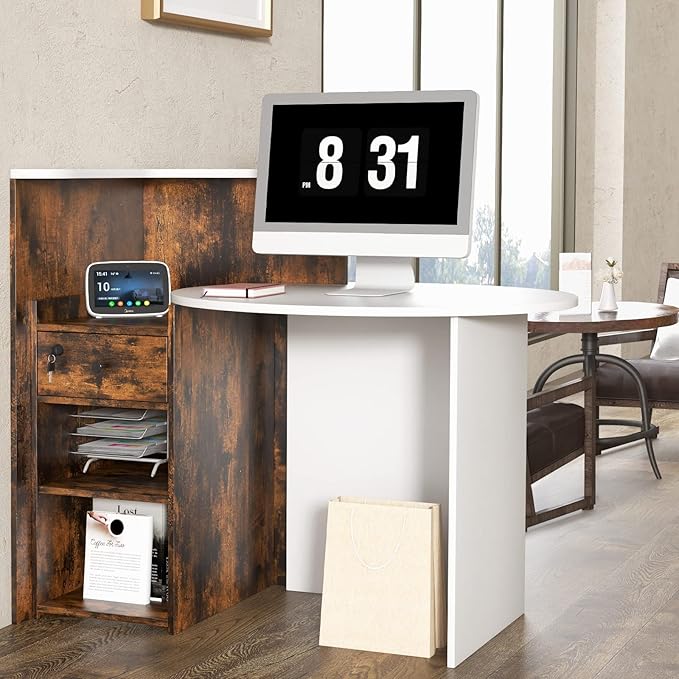 Reception Desk Front Desk Reception Counter with Oval Desktop Open Shelf &amp Lockable Drawer Small Retail Checkout Counter Table Wood Computer Workstation for Home Office Lobby &amp Salon