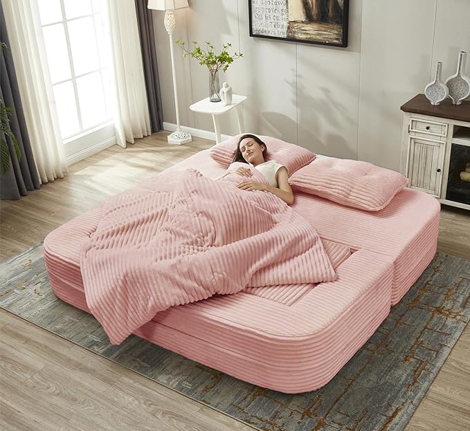 Sleeper Sofa with Chaise Lounge Convertible Sectional Couch Bed Plush Corduroy 3-Seat Sofa with Blanket Deep Seat King Size Sleeper for Small Apartment No Assembly Required (Pink)