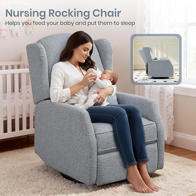 Swivel Rocker Recliner Chair with Adjustable Footrest Swivel Rocking Recliner with Deep Seat Lumbar Pillow Nursery Glider Recliner 360° Recliner Chair for Living Room&ampBedroom&ampOffice (Gray)