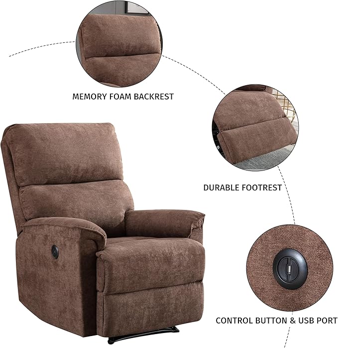 EBELLO Power Recliner Chair Electric Recliner Breathable Fabric Single Overstuffed Recliner Sofa with USB Charge Port for Elderly Living Room Bedroom Brown