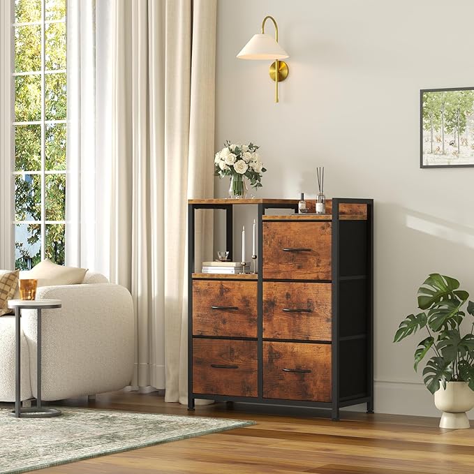 DUMOS 5-Drawer Chest of Drawers with Raised Shelf Storage Tower with Fabric Bins for Closet Organization Hallway Storage Brown