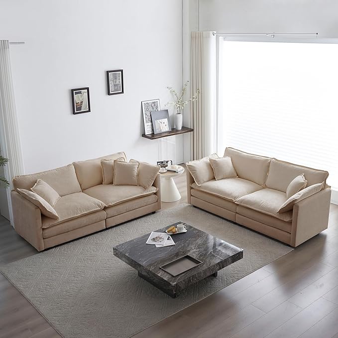 GNIXUU Upholstered Living Room Furniture Sets Inclued 2 Pieces loveseat Sofa Modern Chenille Deep Seat Couch Set for Living Room and Bedroom(2+2 seat Camel)