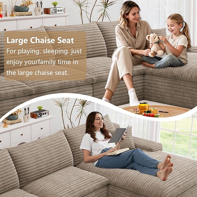 Cloud Sectional Couch136 Inch Modular Sectional Sofa with Deep Seat Modern Corduroy Boneless Couches with L-Shape Chaise for Living Room Bedroom No Assembly Required (Camel Right Facing Chaise)
