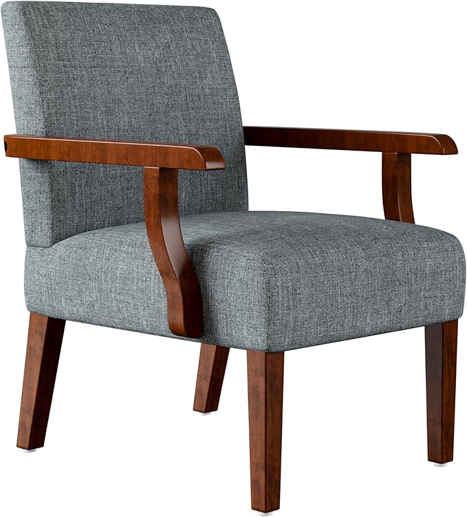 Modern Accent Chairs Set of 2 with Round Side Table Mid-Century Reading Leisure Arm Chair Fabric Upholstered with Solid Wood Armchair for Living Room Bedroom Office Apartment (Grey)