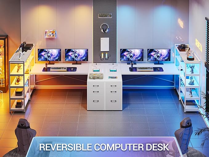 SEDETA L Shaped Office Desk with Drawers 64.5 Reversible Computer Desk with Storage Shelves and Power Outlet Corner Gaming Desk with LED Strip for Home Office White