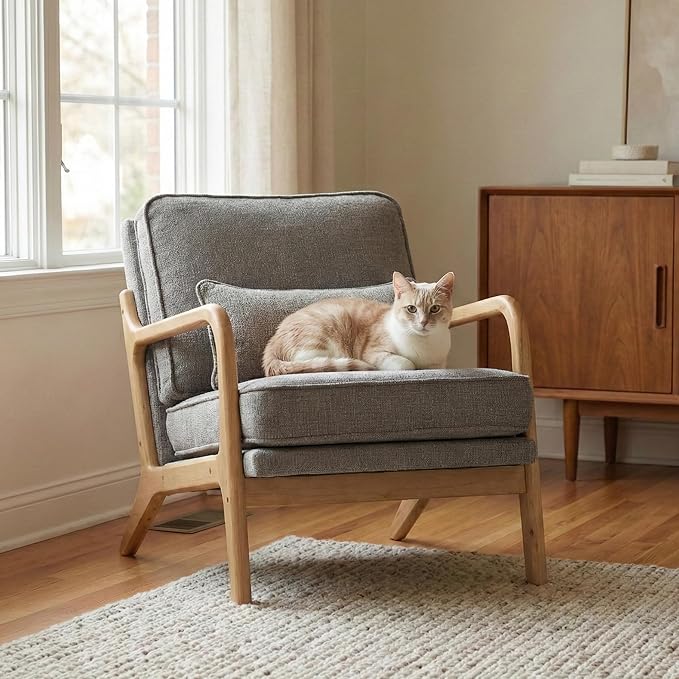 Modern Accent Chair Mid Century Wooden Upholstered Armchair with Lumbar Pillow &amp Removable Soft Cushion Reading Chair for Living Room Bedroom BalconyCoffee(Beige/Blue/Green/Grey)