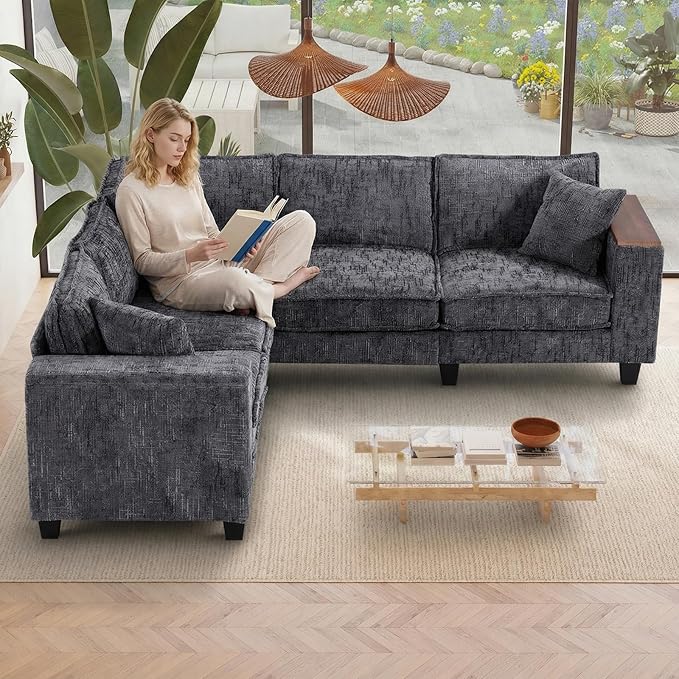 97 L Shaped Couch Corner Sofa 5 Seater Oversized Cloud Couch with 2 Pillows Modular Sectional Sofa Armrests with Two Hidden Storage Space Sectional Couches for Living Room Gray Textured