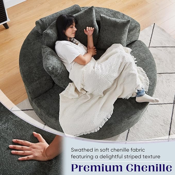 Oversized Round Swivel Chaise Longue Chair Indoor Modern 55-inch 360 Degree Swivel Upholstered Waffle Chenille Deep Seat Circle Single Cloud Sofa Chair for Living Room Bedroom Apartment Office Green