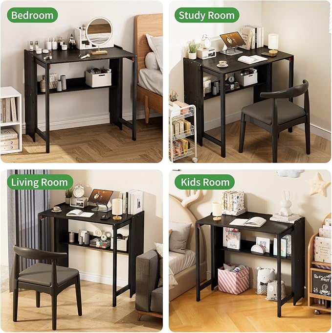 Bamboo Foldable Desk Folding Desks for Small Spaces Mid Century Small Computer Desk with Bookshelf for Bedroom Home Office Black