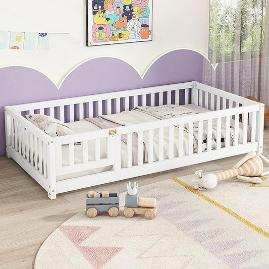 Bellemave Twin Floor Bed with Slats and Door Twin Size Montessori Floor Bed with Fence and Door Easy Assemble Montessori Beds Frame for Girls Boys White