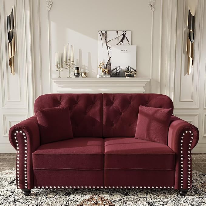 Burgundy Velvet Sofa with Button-Tufted Back &amp Nailhead Trim Mid-Century Chesterfield Style 63 Upholstered Loveseat Couch Rolled Arm Design with 2 Decorative Pillows