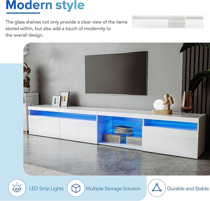 Merax Unique Design TV Stand with 2 Glass Shelves and LED Color Changing Lights Ample Storage Space Media Console for Television Up to 100 Versatile Cabinet for Living Room White