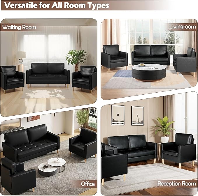 AILEEKISS Mid-Century Sectional Sofa Couch Set Faux Leather Office 3 Pcs Couch Set with Armrest Modern Upholstered Loveseat Couches for Livingroom (1-Seater+1-Seater+2-Seater Black)