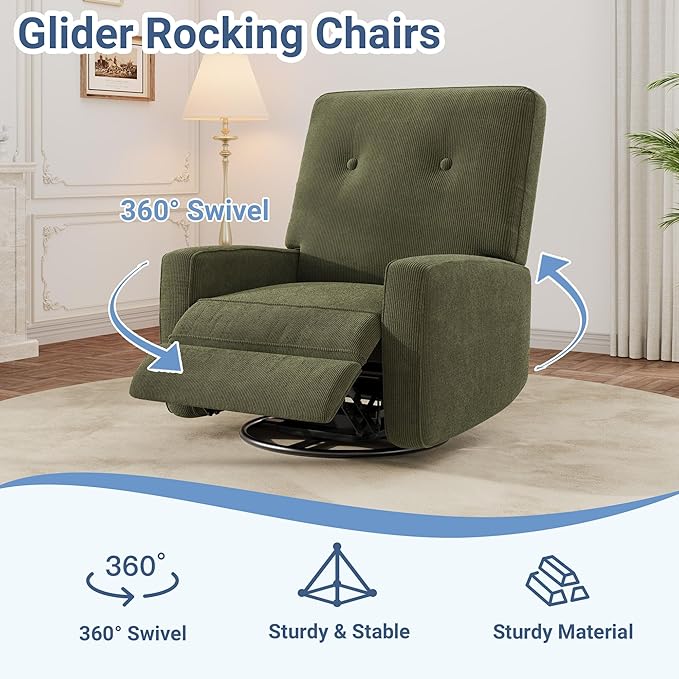 GarveeHome Recliner Chairs Swivel Rocker Recliner Glider Recliner Nursery Chair for Adults 360° Swivel Glider Rocking Chair for Living Room Bedroom Office RV Small Spaces Corduroy Green