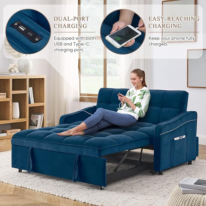 Antetek 3 in 1 Sleeper Sofa Couch Bed with USB &amp Type C Port 52 Small Modern Convertible Tufted Velvet Loveseat Sofa w/Pull Out Bed for Living Room Small Space Apartment Blue