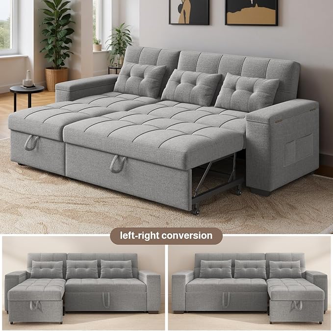 Ahomly 87 Convertible Sofa Bed – Space-Saving Sleeper with Pull-Out Design Adjustable Backrest Wide Armrests with Storage Plush Cushions Cozy for Small Spaces (Light Grey)
