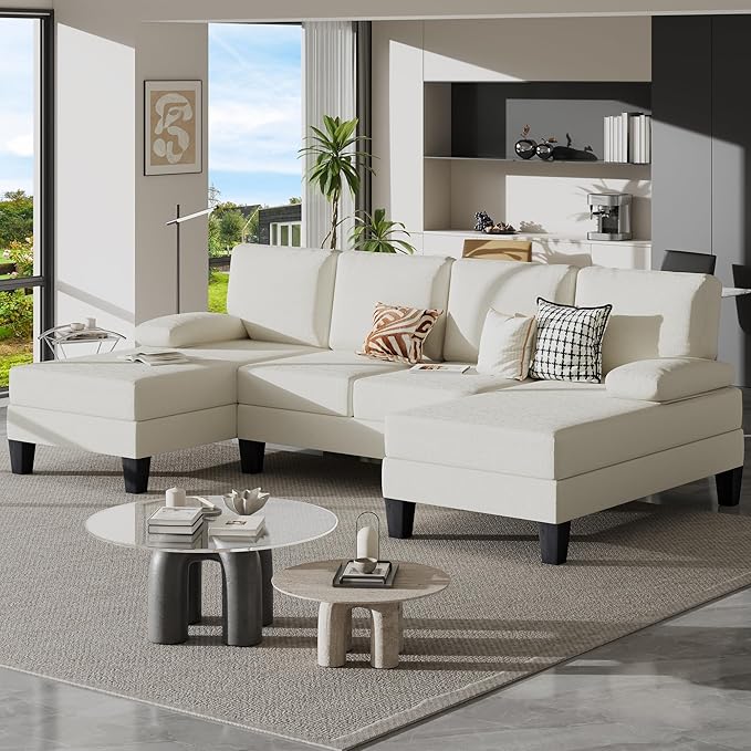 Bezseller 107.3 Sectional Couches for Living Room U Shaped Modular Sofa Couch with Cushion &amp Chenille Fabric 4-Seat Comfy Furniture Sets with Double Chaise for Apartment Reception Room Beige