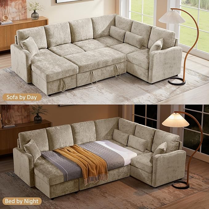 111'' Modular Sectional Sofa with Pull Out Bed U Shaped 6 Seat Sleeper Couch with Storage Chaise Modern Sectional Couch Cloud Chenille Sofa Bed for Living Room Apartment Office Camel