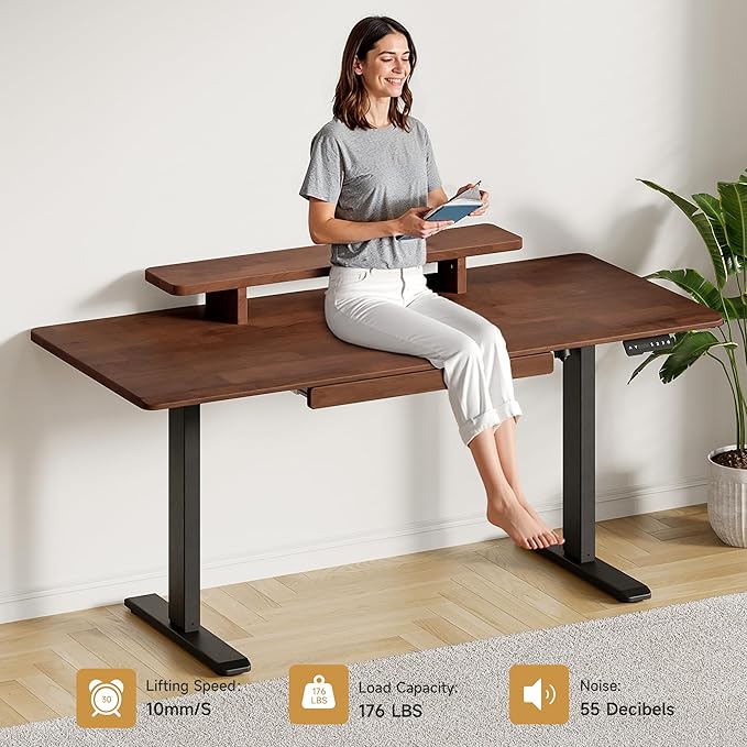 ONBRILL Standing Desk with Drawer 55x23.6 Inches Solid Wood Desktop Stand Up Desk with Whole-Piece Board and Storage Shelf Adjustable Height from 28-46 Inches for Home &amp Office Black Walnut
