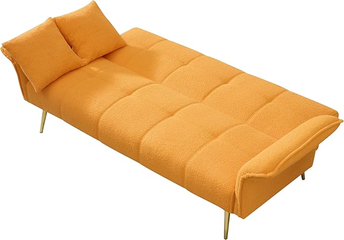Convertible Sofa Bed Futon Couch Bed with Adjustable Arms and Backrest Modern Love Sofa with Gold Metal Legs for Living Room Bedroom (Teddy Fabric in Yellow 70.1 Wx31.1 Dx31.5 H)