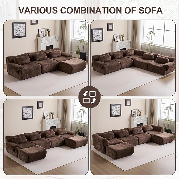 Multiple Modular Boneless Couches for Living Room Cloud Sectional Sofa with Comfy Deep Seat Oversized L-Shaped Convertible Couch with Ottoman for Bedroom Apartment 4 Modules Combined Chocolate