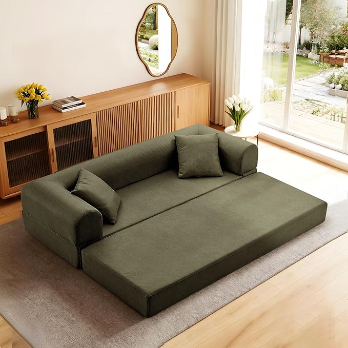 4-in-1 Folding Convertible Sofa Bed 78 Inch Faux Leather Boneless Couch Loveseat Sleeper with Pull Out Bed Floor Sofa Modular Futon Teddy Sofa for Living Room Bedroom Lounge Green