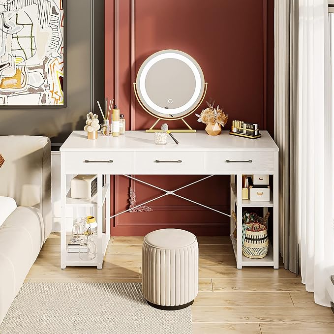 ODK 47 Small Office Computer Desk: Home Table with Drawers Wood Storage Shelves Modern Work Writing Desk White + White Leg