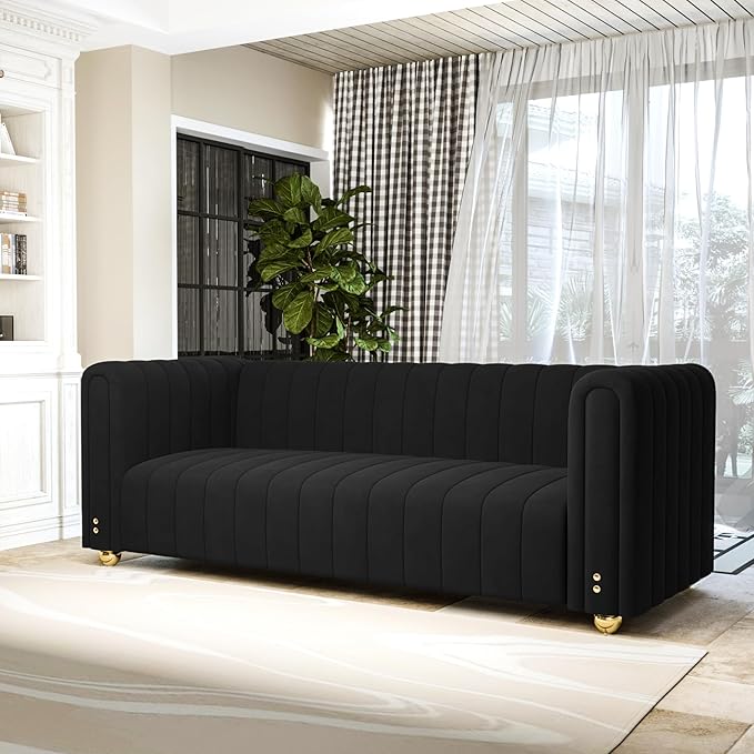81.3 Modern Black Velvet Couch for Living Room Upholstered Comfy 3 Seater Office Sofa with High Armrest and Gold Metal Legs (Black 81)