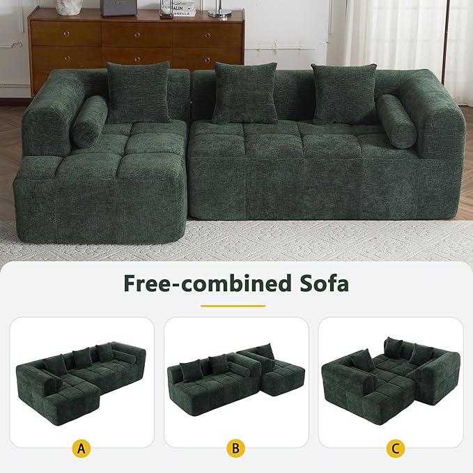 101.2 Sectional Sofa Full-Compressed Modular Sofa Couch Free-Combined Sofa with Deep Seating and Two Side Pockets for Living Room Green