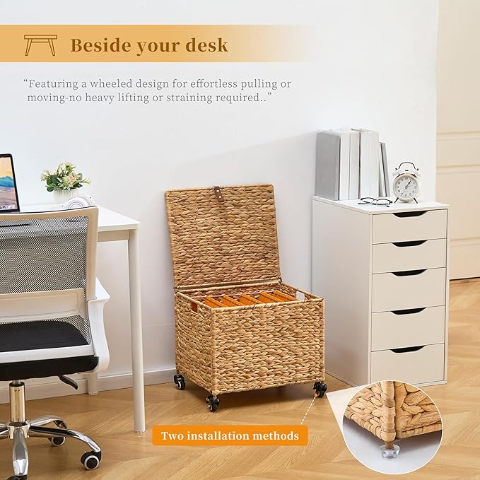 Rolling File Cabinet Basket with Smooth Rubber Casters Water Hyacinth Mobile File Organizer with Metal Frame for Home Office Fits Letter &amp Legal Hanging File Folders (Natural)