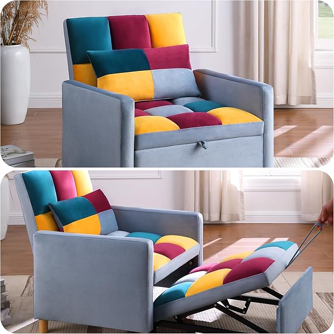 3-in-1 Convertible Sleeper Chair Sleeper Sofa Bed with Adjustable Backrest Lazy Sofa Bed with Pillow Recliner Chair with Sturdy Wood Frame for Living Room Apartment Dorm Rainbow
